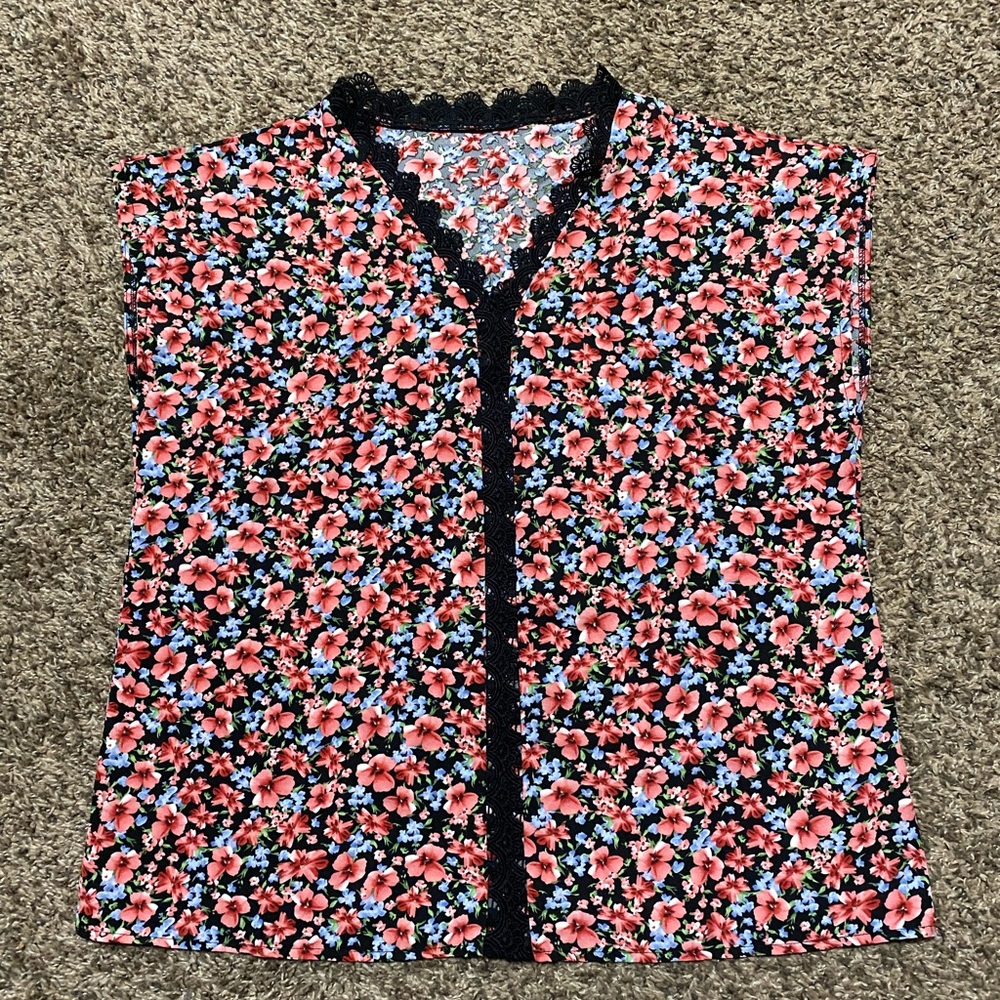 Floral Blouse with Black Lace Detail